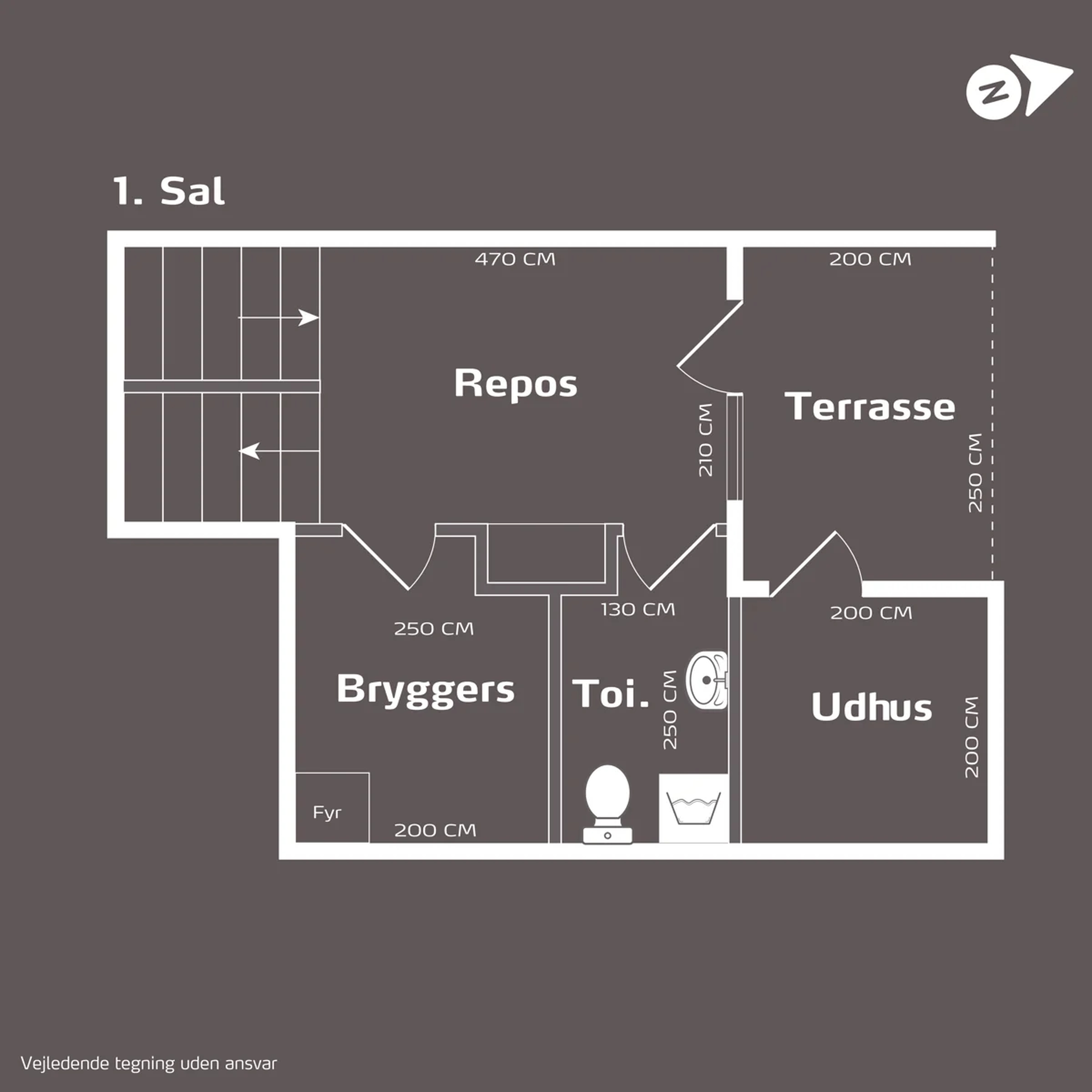 1. sal — entré, bryggers, toilet