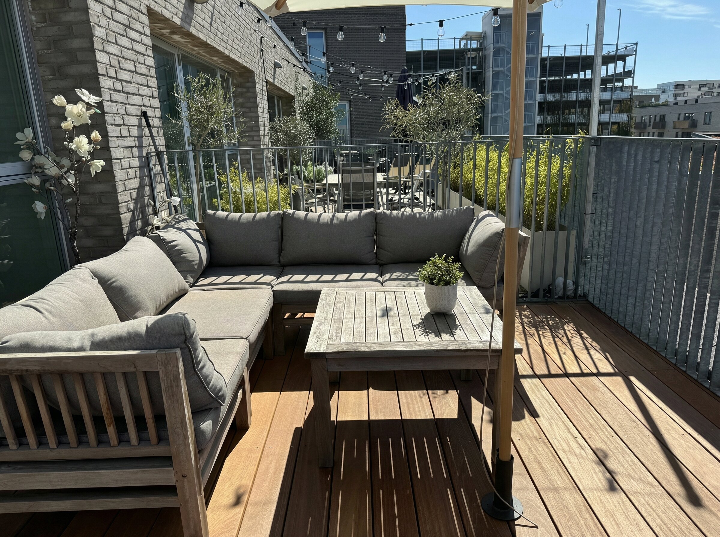 Tagterrasse med lounge, lyskæder og planter